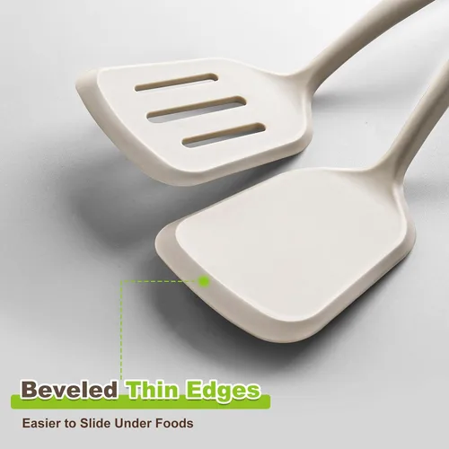 Miniatura 6 de Juego de 2 espátulas de silicona con elegante mango de madera, resistente al calor, sólido y ranurado para sartenes antiadherentes, grandes Caqui
