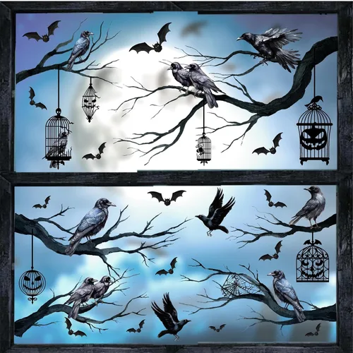 Miniatura 13 de Calcomanías de Halloween para ventana, calcomanías de brujas negras, calcomanías de pared de Halloween, murciélagos de árbol negro, murales de arte