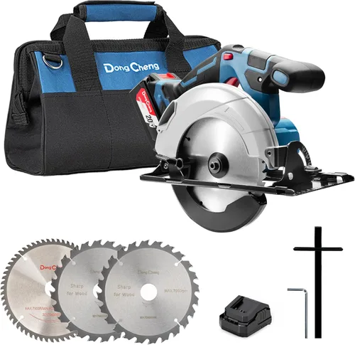 Dong Cheng Sierra Circular Inalámbrica de 6-1/2 Pulgadas 840W, Profundidad de Corte 59mm, Ajustable de 0-50° con Adaptador de Recolección de Polvo,