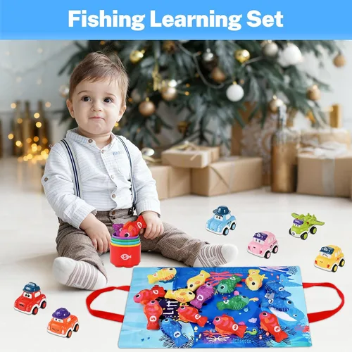 Miniatura 5 de Goldge Juguetes Montessori 2 en 1 para niños de 1 año - Juego de pesca para niños pequeños con tazas apilables y autos abatibles, juguete