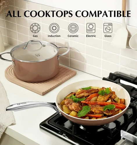 Miniatura 3 de KOCH SYSTEME CS Sartén antiadherente de 10 pulgadas con tapa, sartén de cerámica con mango de acero inoxidable, sartén antiadherente de cerámica
