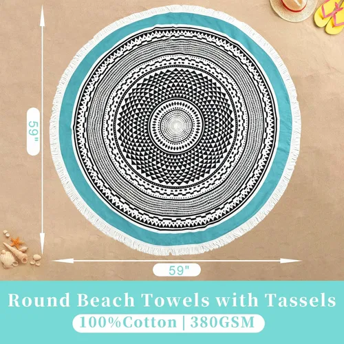 Miniatura 2 de VOOVA & MOVAS Toallas de playa redondas con borlas, manta bohemia extra grande de 59 pulgadas - 100% algodón De gran tamaño Tapete suave, negro