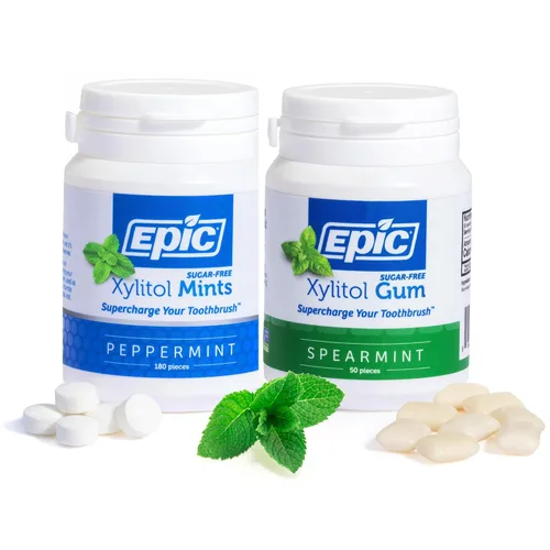 Epic Xylitol - Paquete de goma de mascar de menta verde y menta – 50 piezas de goma de mascar de menta verde y 180 mentas de menta – sin azúcar, sin