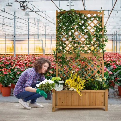 Miniatura 3 de Maceta de Jardín de Madera Giantex con Enrejado, Cama Elevada de 180 cm para Jardín, Enrejado Alto para Plantas Trepadoras y Flores, Maceta