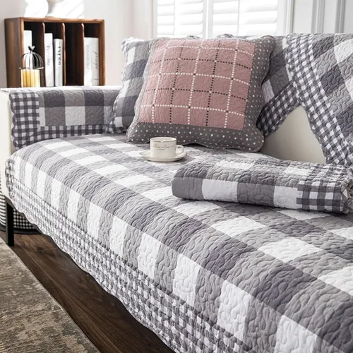 vctops Funda de sofá de algodón a cuadros estilo granja de búfalo para sofá, funda acolchada para sofá modular, funda antideslizante y suave, Gris
