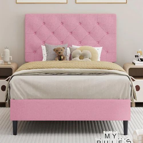 Miniatura 28 de BarnFurin Marcos de cama individual con cabecera capitoné con botones, cama de plataforma tapizada de lino con soporte de listones de madera, fácil