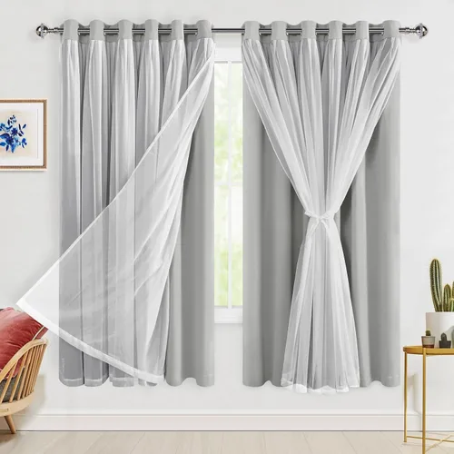 Miniatura 122 de Hiasan Cortinas opacas con superposición transparente, aislamiento térmico para mezclar y combinar de doble capa, cortinas de oscurecimiento de Beige