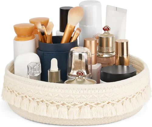 Mkono - Organizador para Maquillaje y Perfume, Canasta Decorativa de Cuerda Tejida de Macramé, Decoración Boho, Canastas Organizadoras de Escritorio