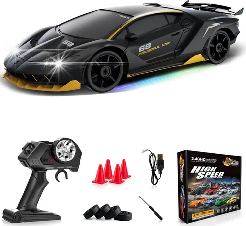 Coche de deriva a control remoto 1:24, auto de control remoto 4WD 15KM/H, auto deportivo de carreras de alta velocidad con luces LED, autos a