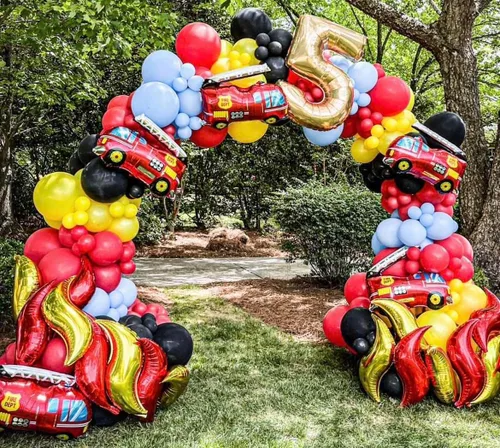 Miniatura 3 de Juego de arco de globos de fuego, 144 globos rojos, amarillos y dorados con globos de camión de bomberos de aluminio para suministros de fiesta