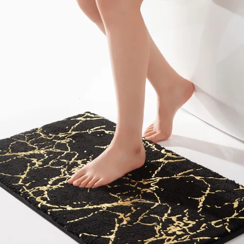 Miniatura 15 de QJHOMO Alfombra de baño de mármol, alfombras de baño blancas y doradas decorativas, antideslizante, tapete de baño super absorbente de microfibra