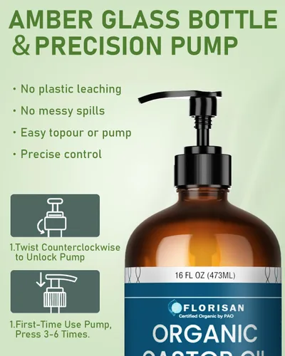 Miniatura 7 de Florisan Aceite de ricino orgánico certificado por USDA, botella de vidrio de 16 onzas, prensado en frío, sin hexano, sin OMG, vegano, 100% puro