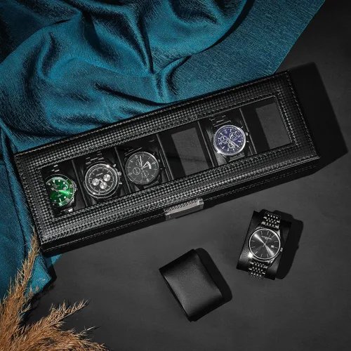 Miniatura 2 de BEWISHOME Caja de reloj para hombres Organizador de reloj con 6 ranuras, funda de reloj, diseño de fibra de carbono, parte superior de vidrio real