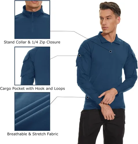 Miniatura 17 de TACVASEN Camisa táctica de manga larga para hombre, con cremallera de 1/4, con bolsillos, para paintball, militar, Airsoft, transpirable