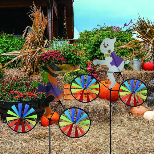Miniatura 5 de Paquete de 2 ruedas giratorias de bicicleta de bruja y fantasma de Halloween de 20 pulgadas, molinos de viento con estacas, molinos de viento