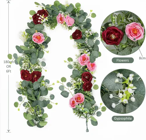 Miniatura 17 de TOCHGREEN Paquete de 2 Guirnaldas de Flores de Eucalipto Artificial de 12 Pies con Rosas Champán, Guirnalda de Flores de Rosa Falsa Verdor