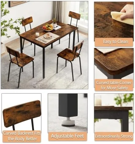 Miniatura 3 de anwickjeff Juego de mesa de comedor para 4 mesas de bar y sillas, juego de 5 piezas de mesa de cocina rectangular de madera de metal industrial y 4