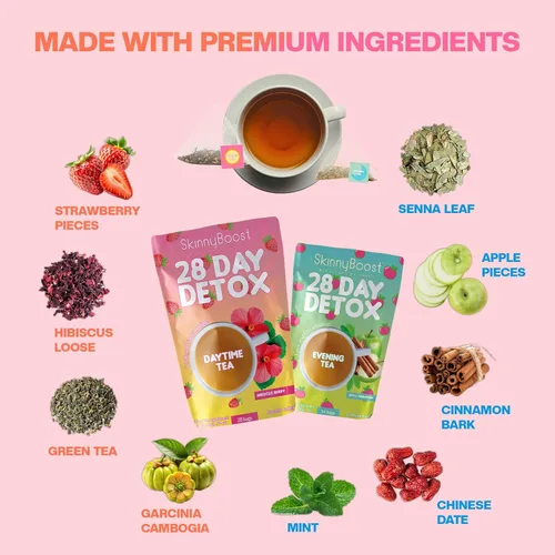 Miniatura 4 de SkinnyBoost - Kit de té desintoxicante de 2 paquetes – 1 de día HIBISCO (28 bolsas) + 1 de noche MANZANA CANELA (14 bolsas) – Desintoxicación herbal