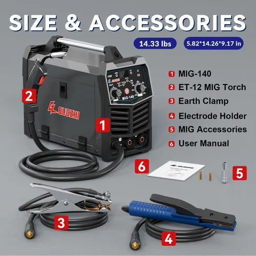 Miniatura 8 de GZ GUOZHI Soldador MIG 140A, 3 en 1 Soldador FLUX MIG/ARC/Lift TIG Soldador Mig Multiproceso, Soldador sin gas con inversor IGBT de 110V, soldadora