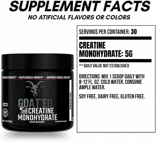 Miniatura 5 de GOAT'ED Monohidrato de creatina en polvo Creatina micronizada 100% pura para crecimiento muscular, fuerza y recuperación Suplemento de creatina