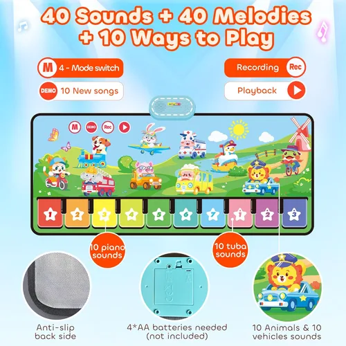 Miniatura 4 de MOMUSE Tapete Musical de Piano con 80 Sonidos, Manta de Juego Táctil Grande de Animales y Autos, Alfombra Musical para Niños Pequeños de 1-3, Tapete