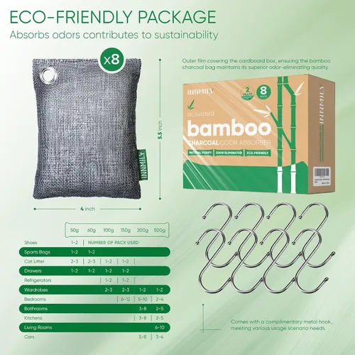 Miniatura 9 de Absorbedor de olores de carbón activado, paquete de 8 con ganchos, eliminador de olores naturales para olores fuertes, bolsas purificadoras de aire