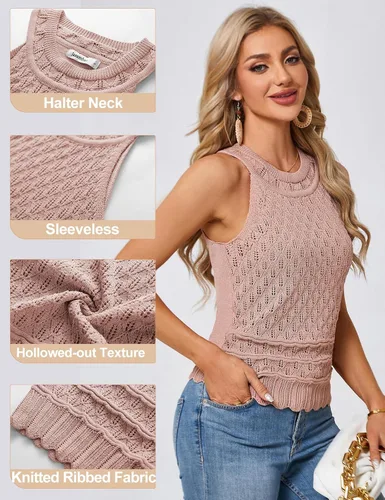 Miniatura 2 de JASAMBAC Suéter sin mangas para mujer, cuello redondo, ahuecado, elástico, recortado, suéter de punto
