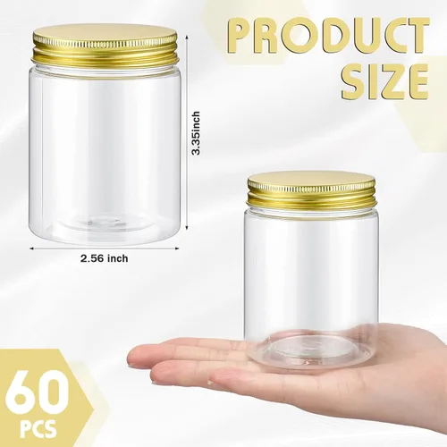 Miniatura 2 de Wesiti - 60 piezas de recipientes de plástico transparente de 8 onzas con tapas doradas roscadas; envases de plástico transparentes, redondos
