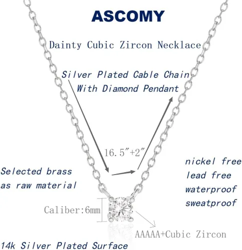 Miniatura 5 de ASCOMY Delicado collar con colgante solitario de diamante de circonita cúbica para mujer, chapado en oro de 14 quilates, redondo y cuadrado