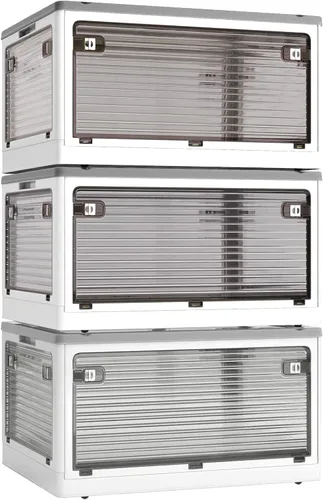 Paquete de 3 contenedores de almacenamiento apilables, organizadores plegables de 50 litros con 3 tapas, ruedas, caja plegable para campamento al