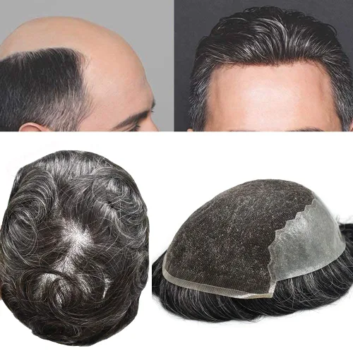 Miniatura 92 de Mens Toupee Swiss Lace Mens Hair Piece Sistema de reemplazo de cabello para hombres Toupee para hombres Cabello humano nudo blanqueado protesis
