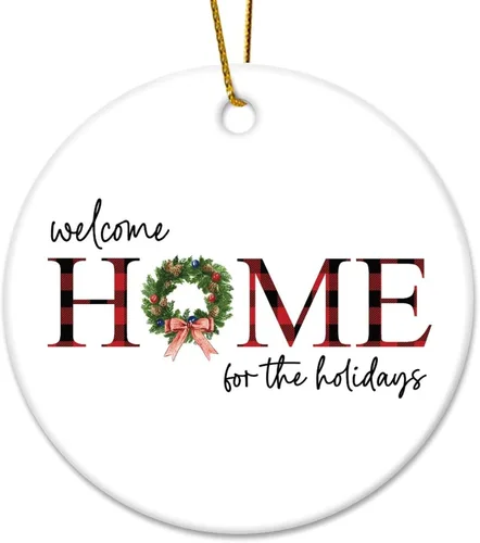 Adorno de Navidad de cerámica de 3 pulgadas, recuerdo de bienvenida a casa para las vacaciones, divertido colgante de porcelana impresa de dos caras