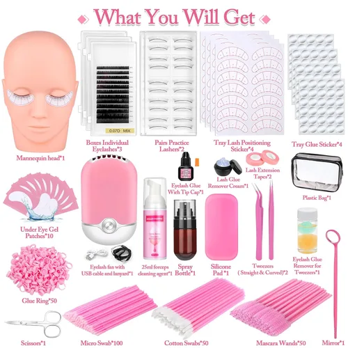 Miniatura 2 de Kit profesional de 404 suministros para extensiones de pestañas con racimos de pestañas, abanico de pestañas, pegamento de extensión, removedor