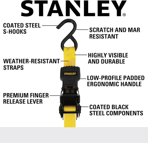 Miniatura 2 de STANLEY S10002-12 Correas de trinquete negras/amarillas de 1" X 12' - Carga de trabajo segura de 500 LBS / Fuerza de rotura de 1,500 LBS, paquete