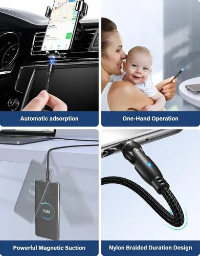 Miniatura 8 de Cable de carga magnético de rotación 540 de 100 W, 3.3 pies/6 pies, paquete de 2 unidades, cable USB C a USB C, cable de carga magnética, cable