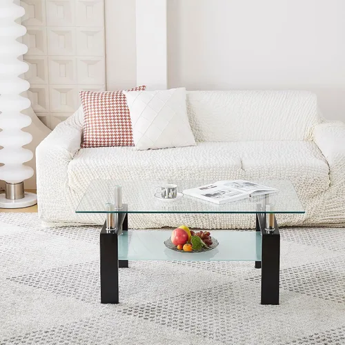 Miniatura 6 de Mesa de centro moderna de vidrio templado transparente, mesa auxiliar rectangular de 2 niveles con estante de almacenamiento inferior, patas de Negro