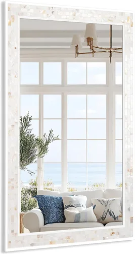 Tanmicoshomy Espejo rectangular de pared de 20 x 28 pulgadas, espejo rectangular con marco de concha natural para baño, tocador, dormitorio, sala de