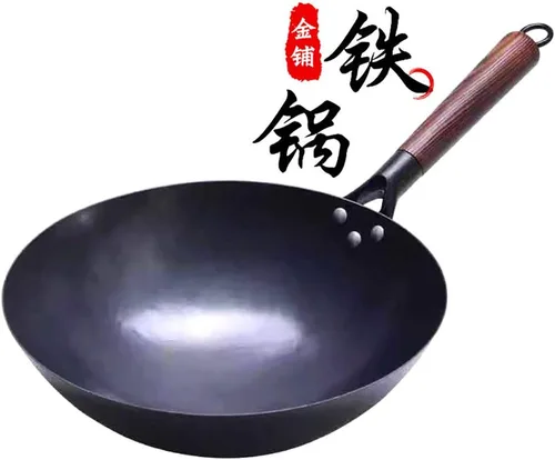 SERENITA Woks chinos de hierro martillado 100% a mano, antiadherentes, sin revestimiento, menos aceite, mango de madera sazonado negro (Chef-12