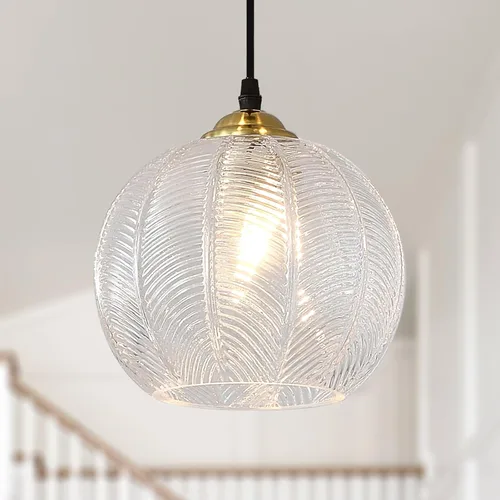 Miniatura 9 de Lámpara Colgante de Cristal Verde, Iluminación Colgante de Globo Grande Individual de 9.8 Pulgadas Nórdica Acanalada para Techo Colgante, Lámpara