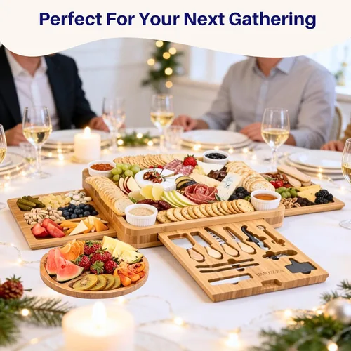 Miniatura 8 de Juego de tablas de charcutería – Tabla grande de queso de bambú y plato con accesorios de charcutería, regalos de inauguración de la casa
