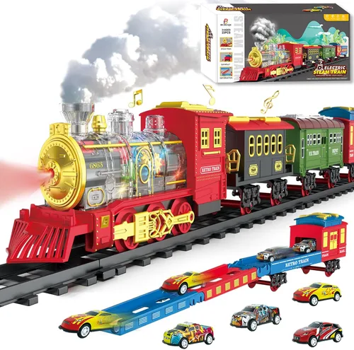 Miniatura 11 de Juego de tren eléctrico con control remoto de Navidad, locomotora de vapor, vagón de carga y pistas, juguetes de tren recargables para niños con 3