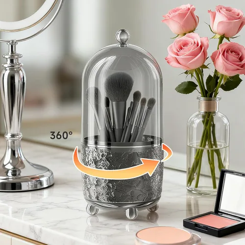 Miniatura 5 de Soporte para brochas de maquillaje con tapa, organizador de herramientas cosméticas con tapa, apertura deslizante giratoria de 360°, contenedor