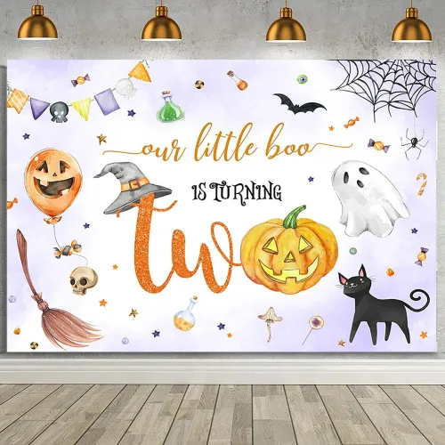MEHOFOND Telón de fondo de Halloween Spooktacular de 2º cumpleaños con texto en inglés "Our Little Boo is Turning Twing", lindo fantasma para fiesta