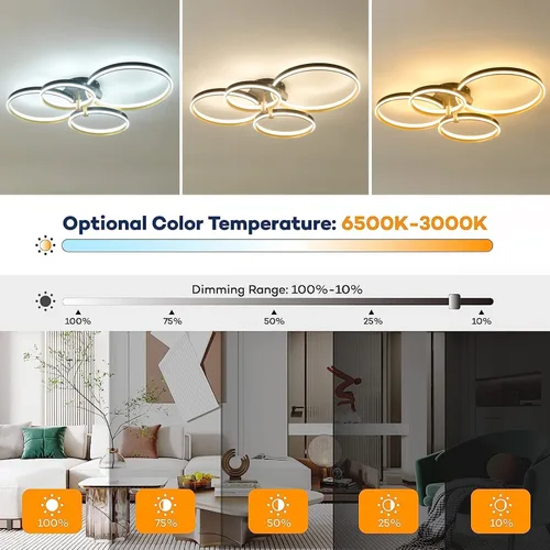 Miniatura 3 de Ganeed Lámpara de techo LED regulable, moderna lámpara de techo de 4 anillos con control remoto, 60 W, luces de techo doradas para sala de estar
