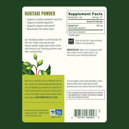 Miniatura 4 de Polvo Haritaki orgánico USDA, terminalia chebula, desintoxicación y rejuvenecimiento, de la marca Banyan Botanicals, Organic Haritaki 1/2 Lb, 1