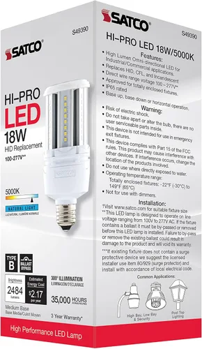 Miniatura 9 de Satco Bombilla LED de mazorca de maíz de 18 W, repuesto HID para iluminación de garaje y comercial, luz diurna de 5000 K, base E26, derivación