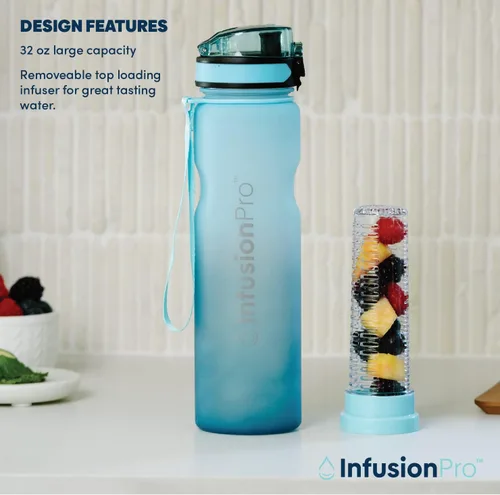 Miniatura 2 de Infusion Pro Botella de agua con infusor de frutas de 32 onzas con marcador de tiempo - Tapa superior abatible con cierre, funda aislada y libro Surf