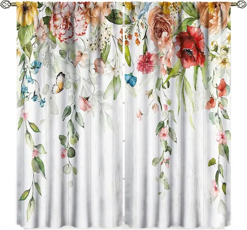 Cortinas de cocina florales de acuarela, cortinas de flores coloridas, hojas rústicas, plantas, primavera, botánica, granja, madera, naturaleza,