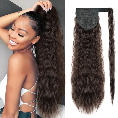 rosmile Extensión de cola de caballo con ondas de maíz, alrededor de 26 pulgadas de largo, rizada, ondulada, extensión de cola de caballo sintética