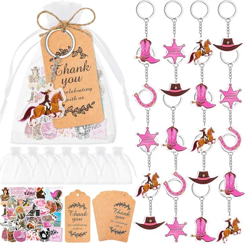 Sasylvia 159 piezas de recuerdos de fiesta de vaquera incluyen llaveros occidentales, bolsas de calcomanías de vaquera rosa y etiquetas de